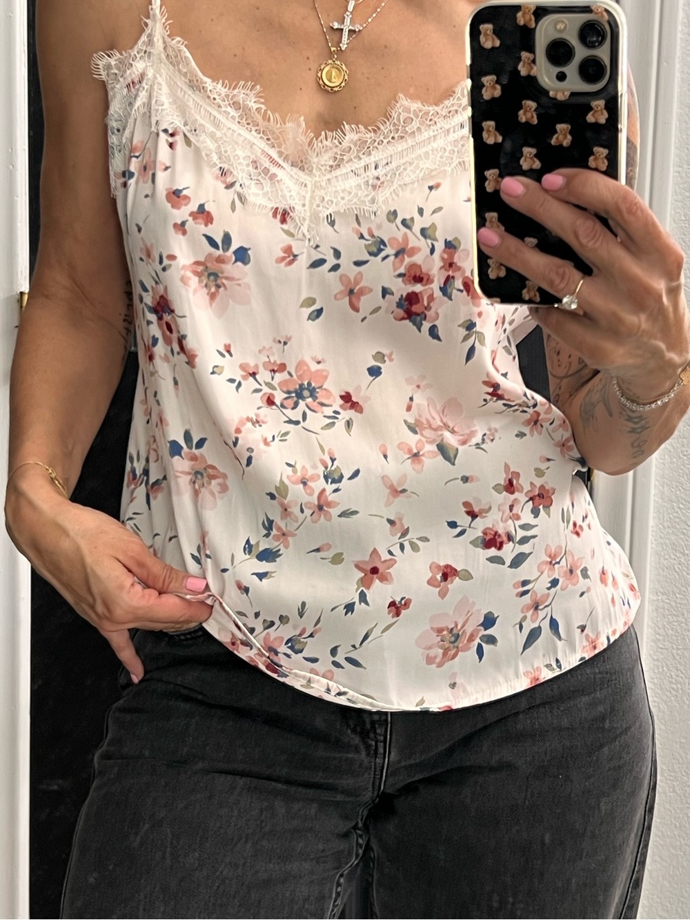 Lace-Trim Floral Satin Cami Tank Top - White/Pink